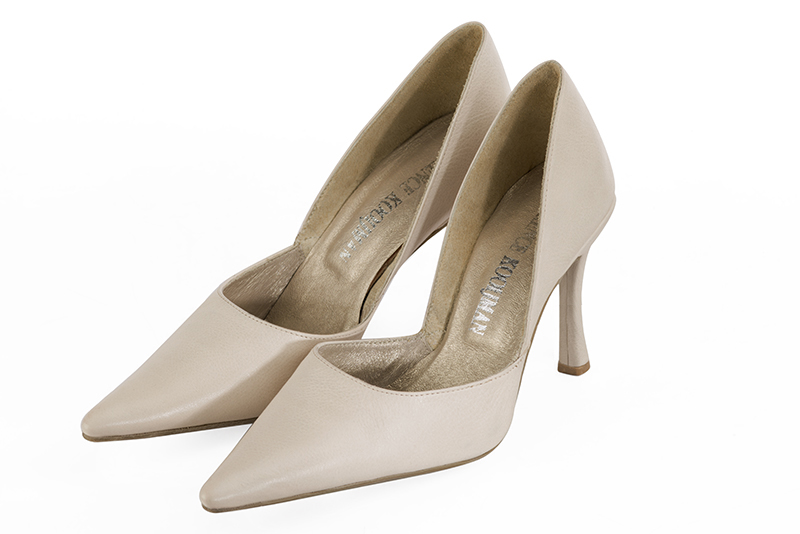 Champagne white women's open arch dress pumps. Pointed toe. Very high slim heel. Front view - Florence KOOIJMAN